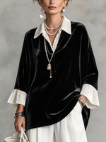 Chic Contrast Collar And Cuffs Velvet Blouse
