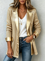 Chic Gold Knit Blazer With Sleek Faux Leather Trim