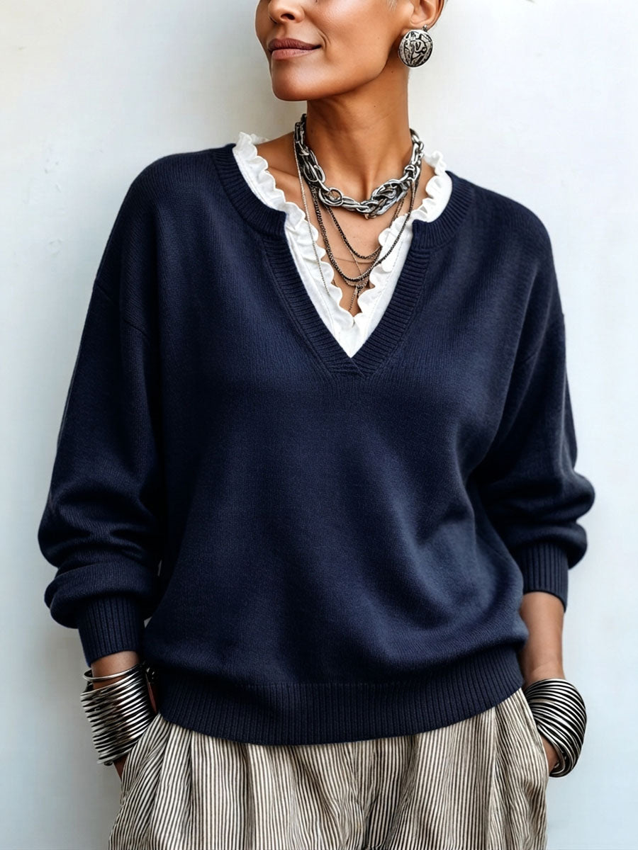 Chic Elegant False Two-piece Lace-trim Sweater F