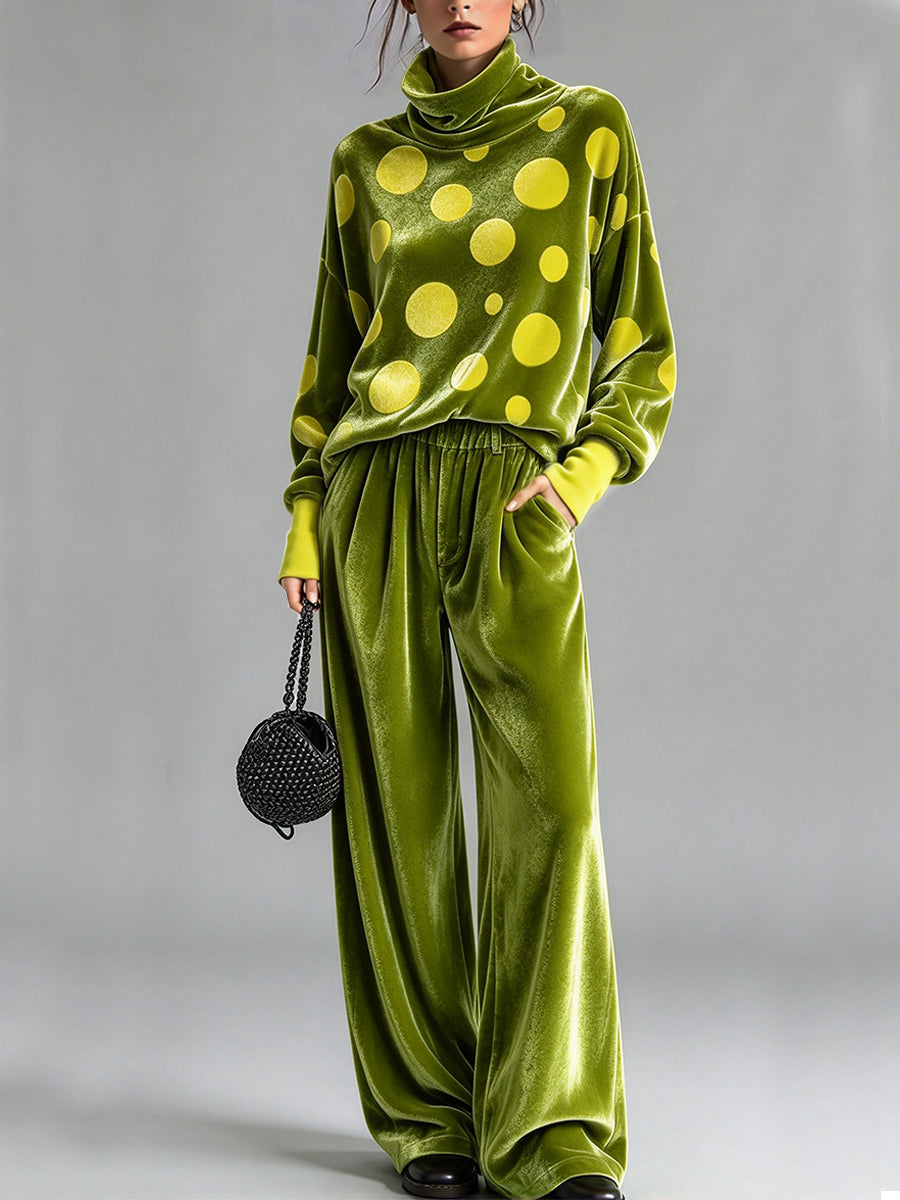Chic Two-piece Set Featuring A Polka-dot Velvet Top And Solid-colored Trousers