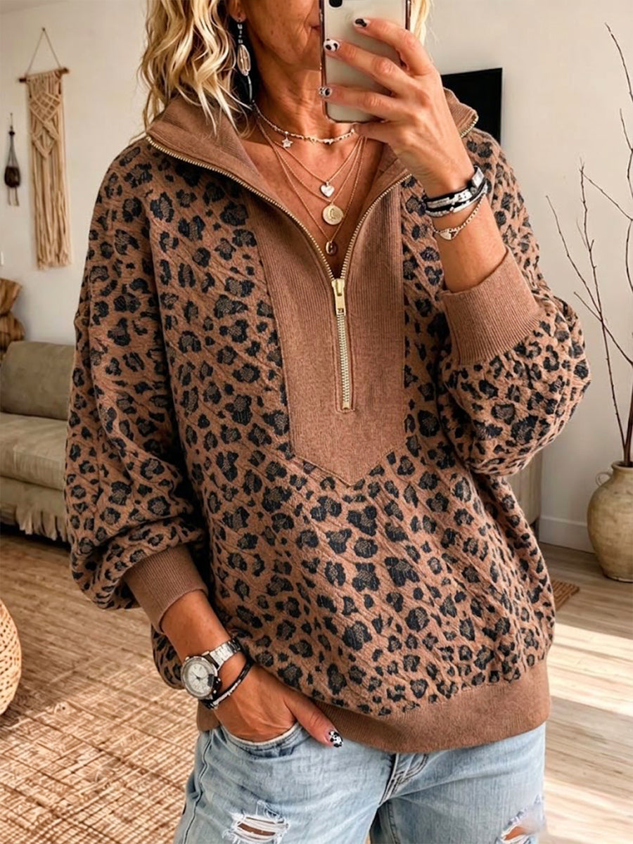 Casual Leopard-print Half-zip Knit Top