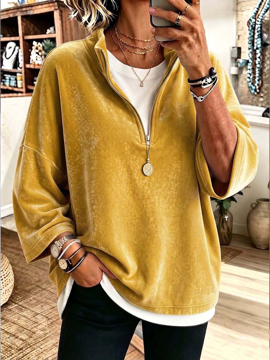 Women's Solid Color Stand Collar 3/4 Sleeve Casual Loose Velvet Pullover Top