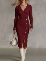 Women's Solid Color V-neck Long Sleeve Casual Loose Slit Knit Dress