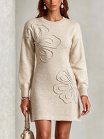 Solid-color Crew-neck Sweater-style Casual Long-sleeved Dress With Embroidery