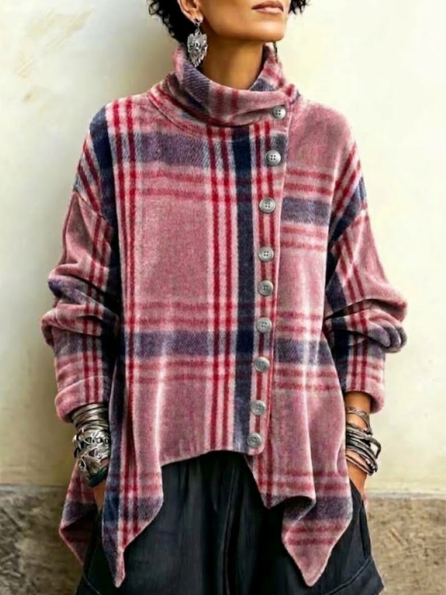 Plaid Velvet Top With A High Neck, Asymmetrical Button-fastening, And An Irregular Hem