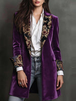 French-inspired, Vintage, Court-style Navy Velvet Mid-length Blazer With Ornate Floral Digital Prints
