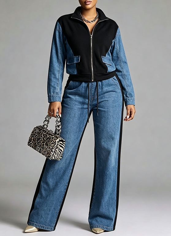 Two-piece Set Featuring A Zip-up Jacket With A Knit-and-denim Panel Design And Matching Jeans.