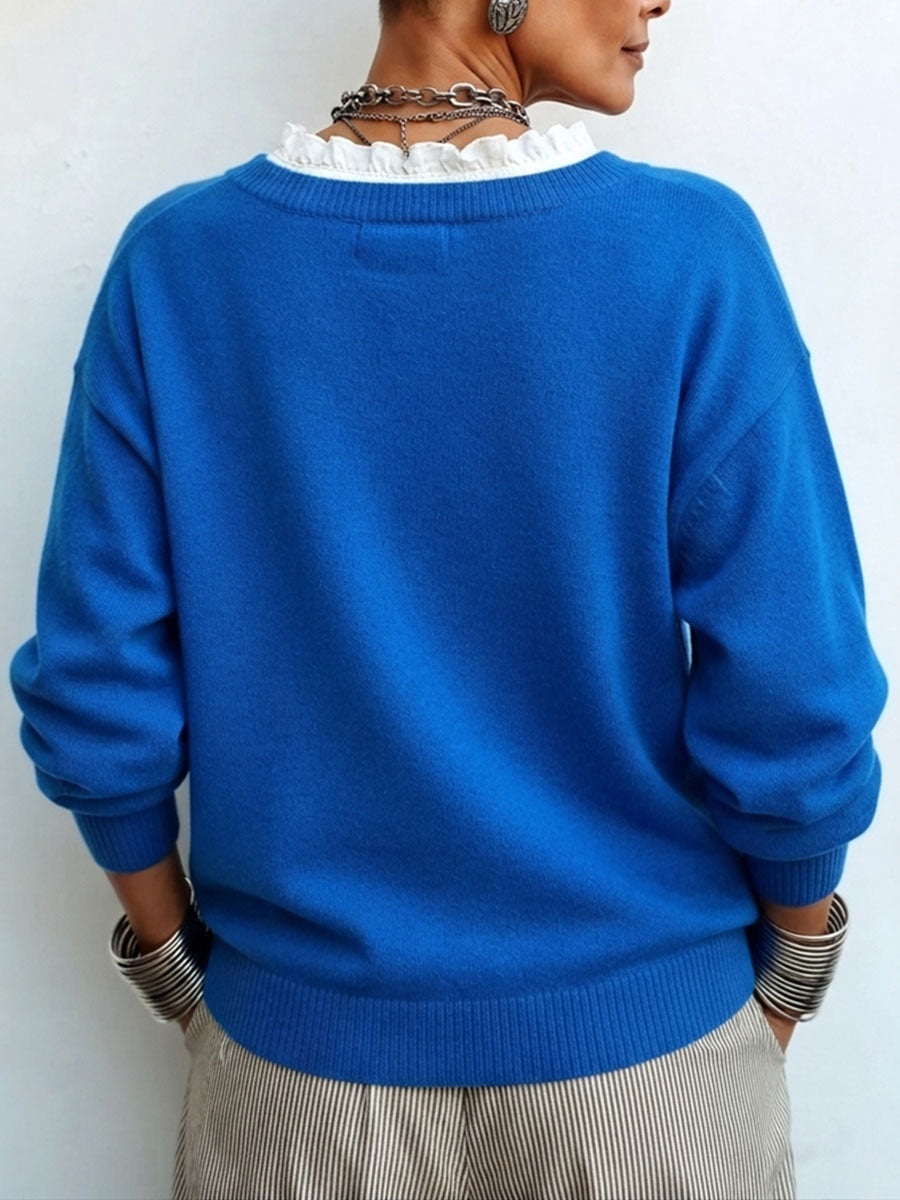 Chic Elegant False Two-piece Lace-trim Sweater F