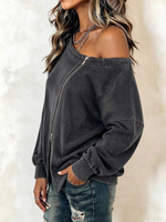 Edgy Chic Asymmetric Cold-shoulder Zipper Pure Cotton Sweatshirt