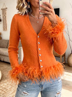 Vibrant Feather-Trim V-Neck Cardigan