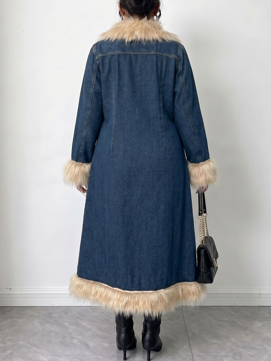 Vintage Longline Denim Coat With Faux Fur Trim And Tie Waist