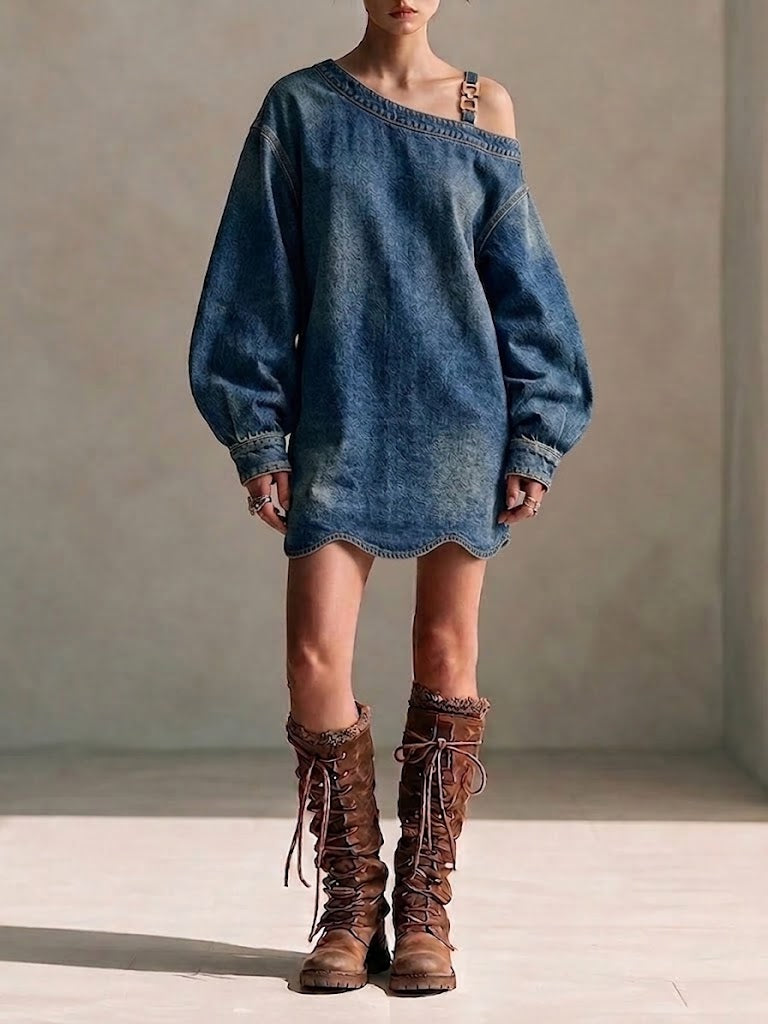 One-shoulder Denim Dress With Wavy Hem And Metal Buckle Detail