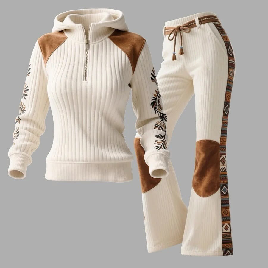 Bohemian Patchwork Faux-suede And Ribbed Knit Two-piece Set (top And Pants)