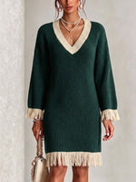 Color-block V-neck Fringed Knit Dress