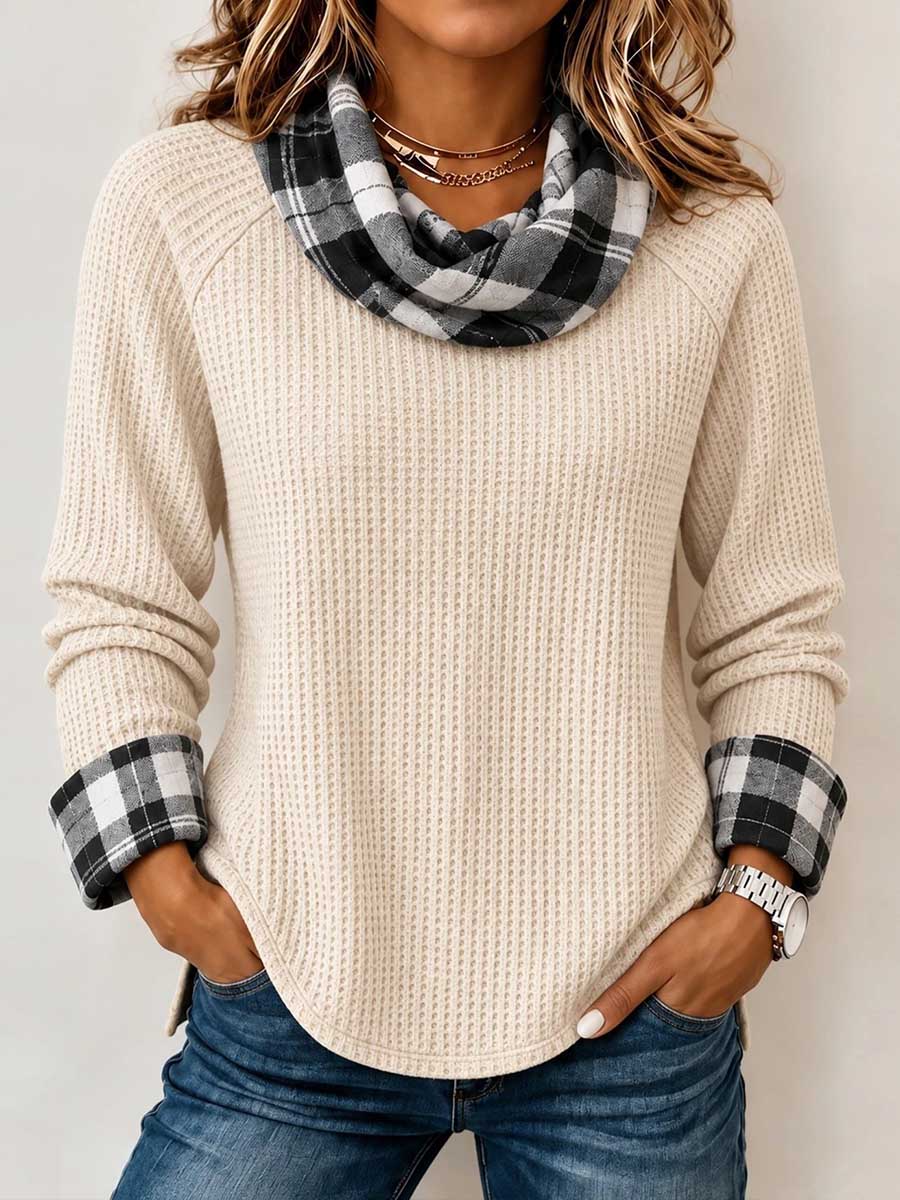 Women's Waffle Knit Plaid Cowl Neck Tunic Top