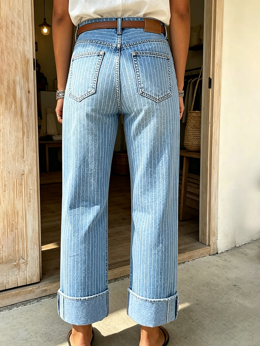 Relaxed Chic Pinstripe Light Wash Stretch Denim Wide-leg Jeans