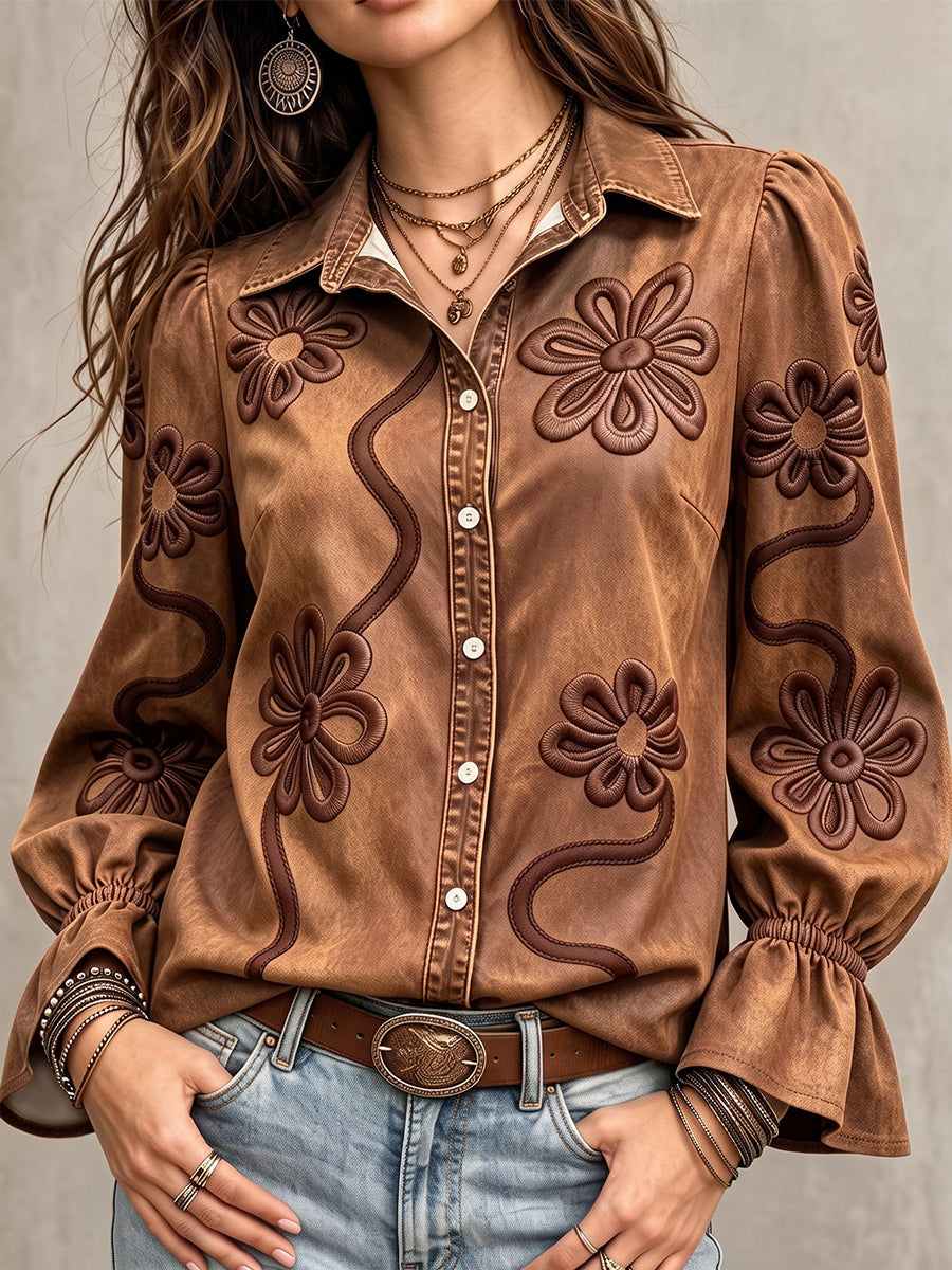 Vintage Floral Embroidered Denim Shirt