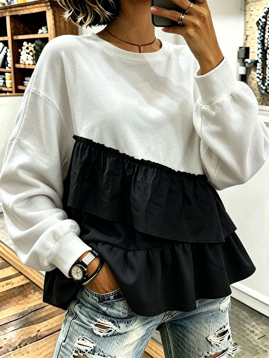 Chic Color-block Asymmetric Ruffle Hem Sweatshirt
