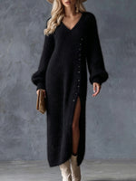 Stylish And Elegant V-neck Knitted Maxi Dress With A Soft, Velvety Feel