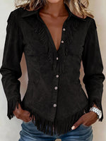 Women's Solid Color Collared Long-sleeved Casual Loose Faux Suede Tassel Shirt
