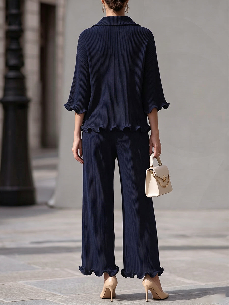 Chic Navy Blue Pleated Ruffle-Trim Two-Piece Set