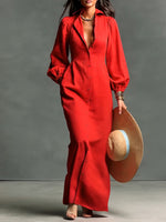 Casual Linen-cotton Blend Collared Maxi Dress