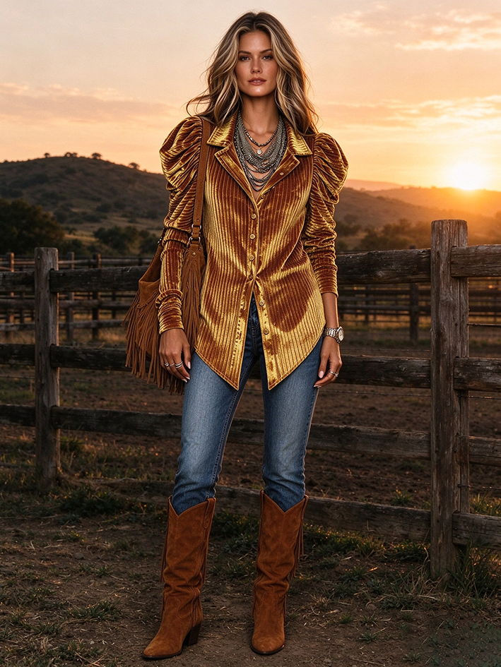 Boho Stylish Velvet Ruched Sleeve Blouse