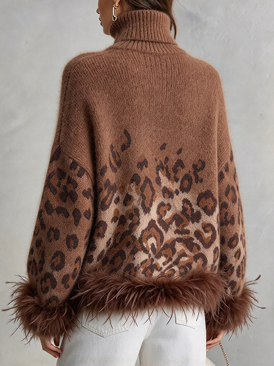 Chic Ombré Leopard-print Feather-trim Turtleneck Knit Top