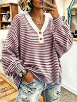 Casual V-neckline Striped Knit Top
