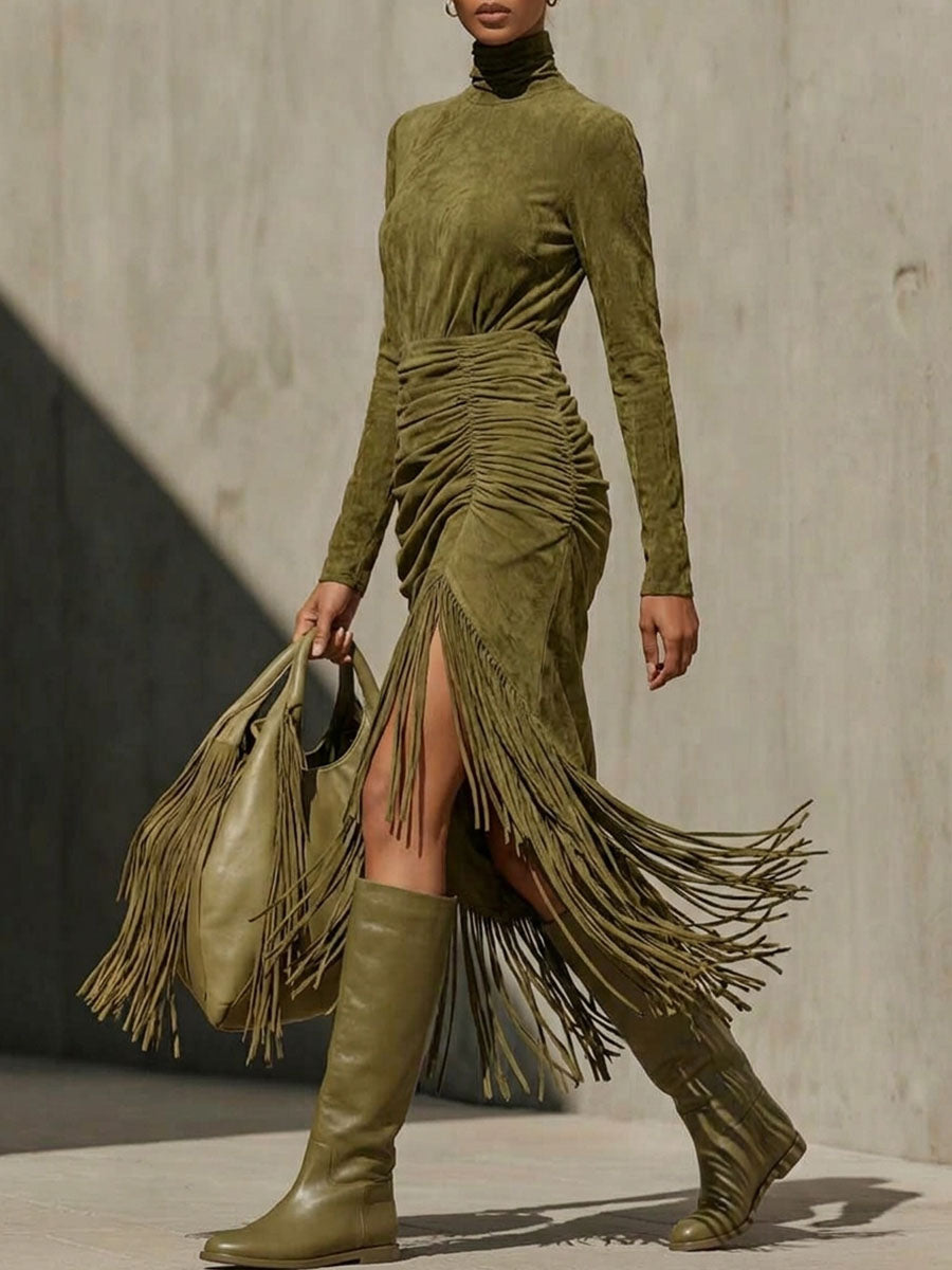 Women's Solid-color Stand-collar Long-sleeve Casual Slim-fit Tassel Dress