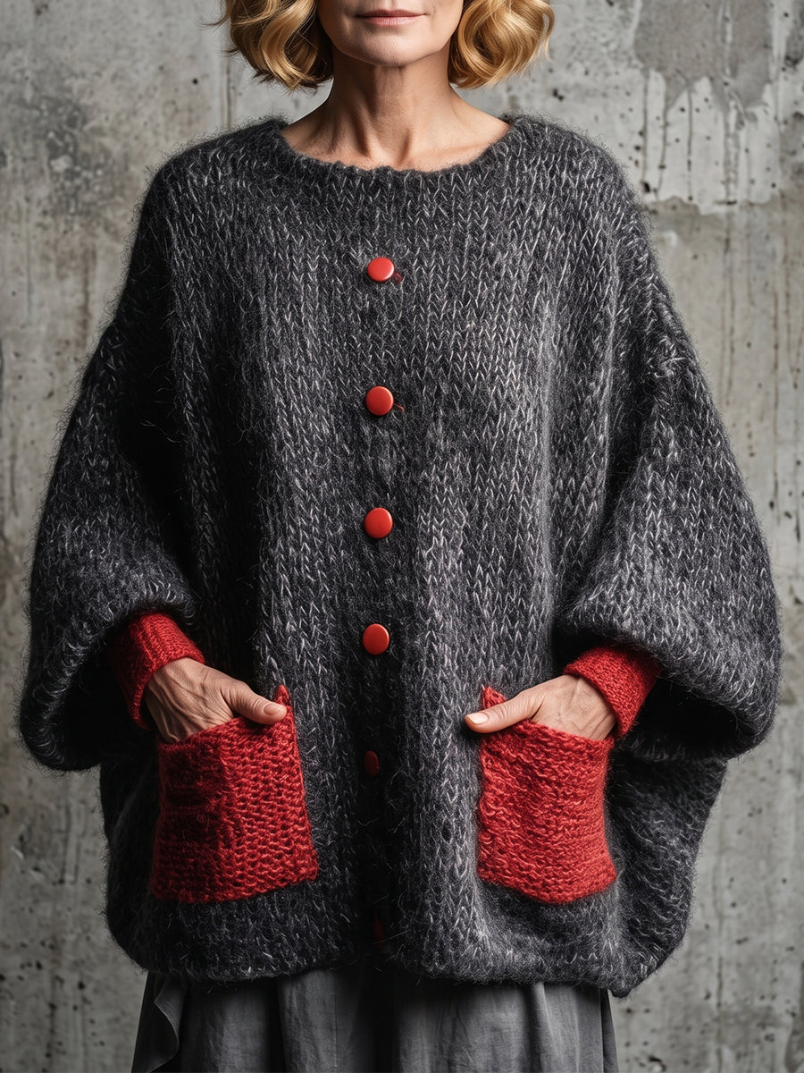 Chic Charcoal & Red Contrast Pocket Knit Cardigan