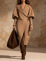 Chic, Elegant Camel-colored Wool Wrap Coat