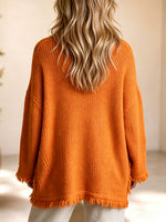 Vibrant Orange Fringe-Trimmed Knit Cardigan