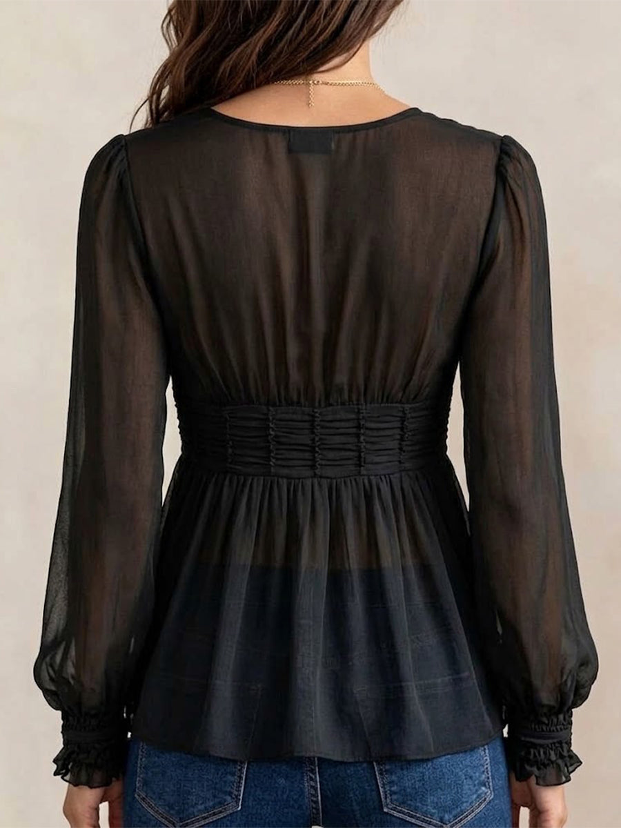 Deep V Ruffled Waist Chiffon Long Sleeve Blouse