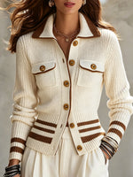 Comfortable, Casual Knit Cardigan With A Contrasting-trim Lapel Collar.