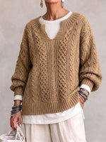 Vintage-style Cable-knit Sweater With A Small Notched V-neck