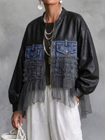 Faux Leather, Denim, And Mesh Paneled Zip-up Baseball-collar Jacket With Ruffle Detailing