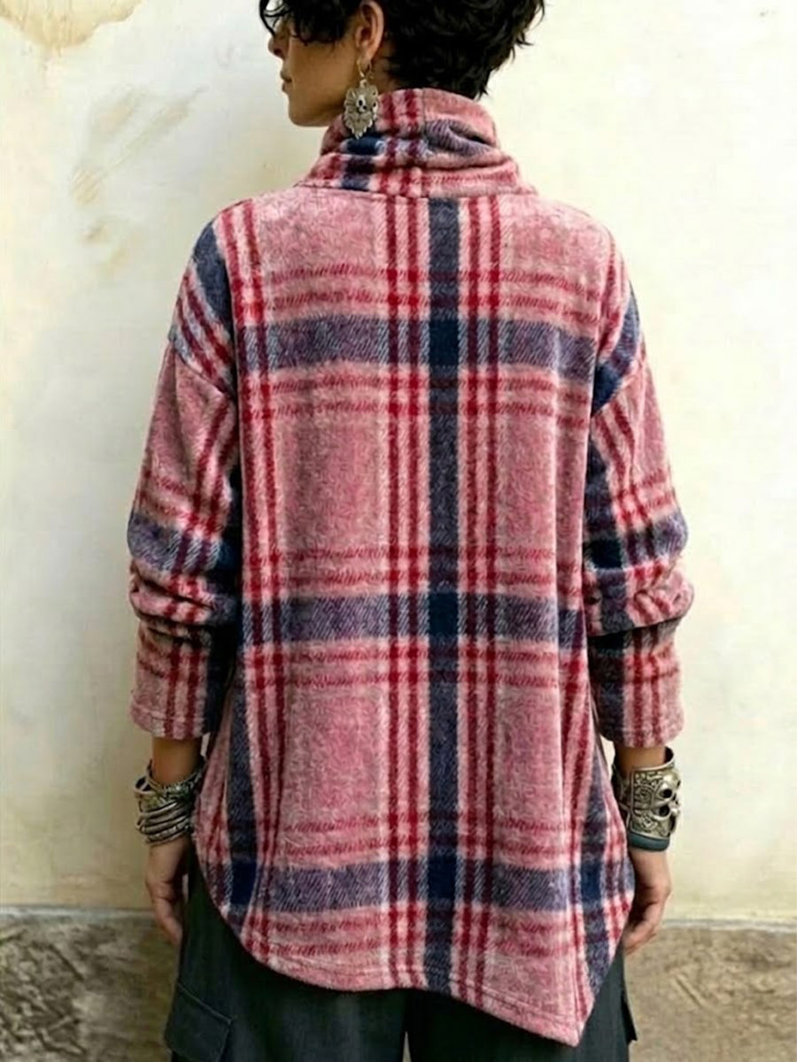 Plaid Velvet Top With A High Neck, Asymmetrical Button-fastening, And An Irregular Hem