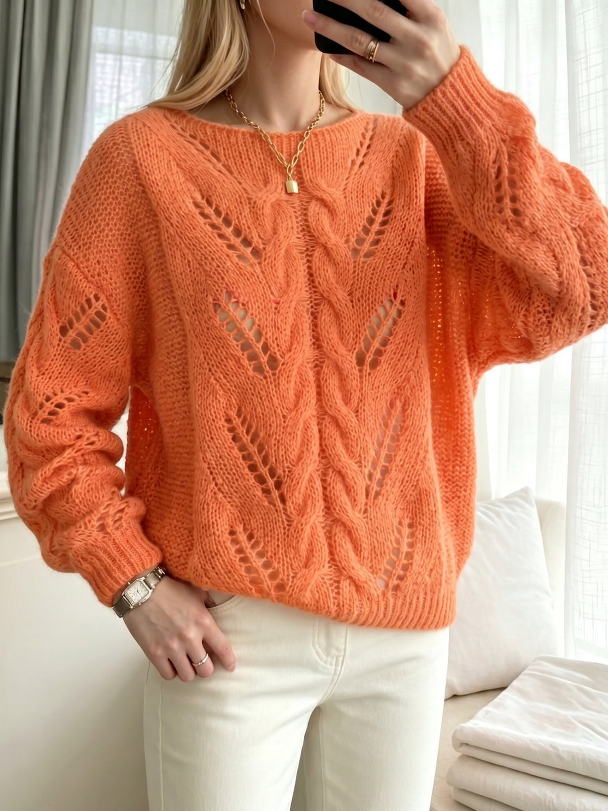 Vibrant Orange Open-Knit Textured Sweater