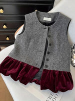 Vintage-style Patchwork Vest In Velvet And Herringbone Wool Blend With Ruffle Detailing