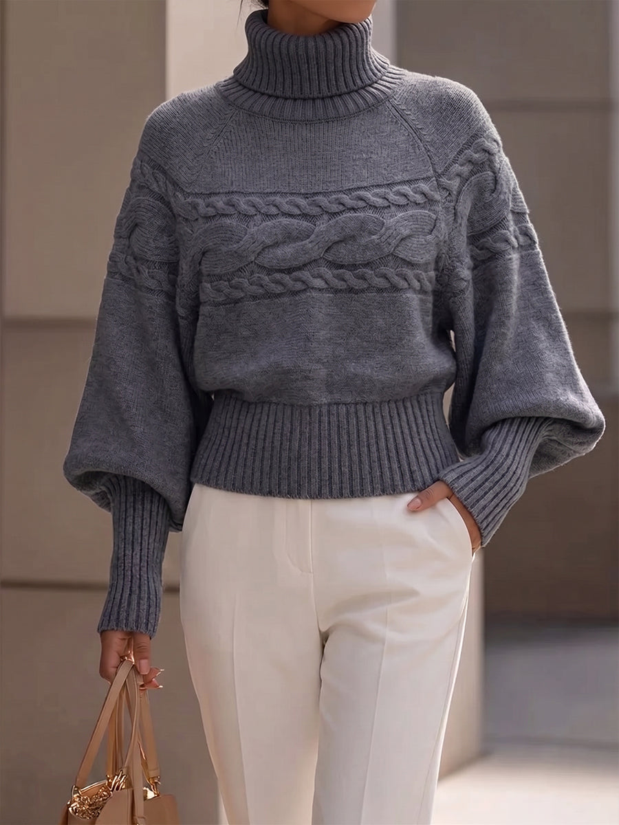 Chic Grey Cable-Knit Turtleneck Sweater