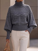 Chic Grey Cable-Knit Turtleneck Sweater
