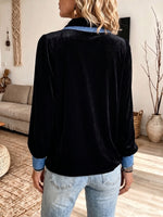 Chic Contrast-Trim Velvet Blouse