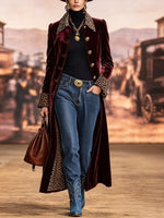Vintage-style Bohemian Long Coat Featuring Velvet Paneling And Leopard-print Trim.