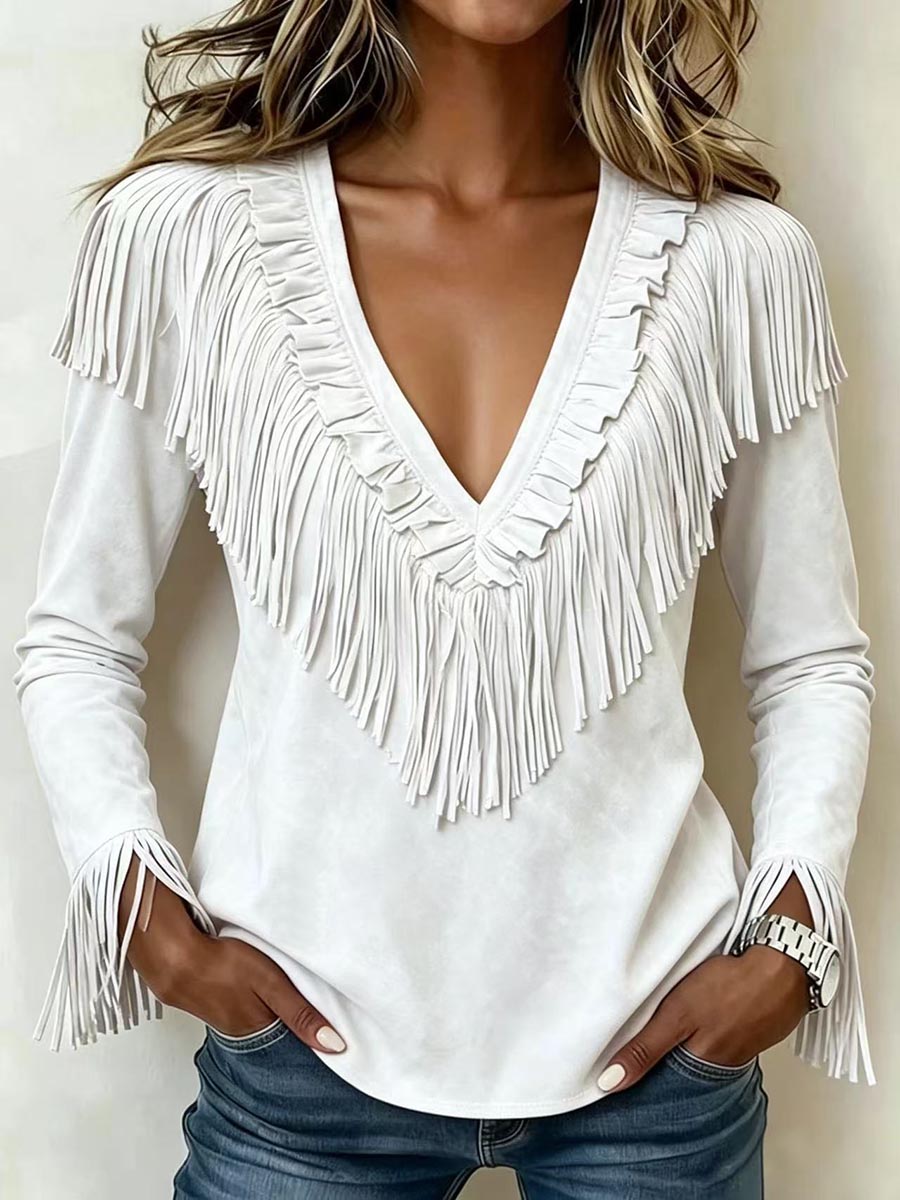 Women's Solid Color V-neck Long-sleeved Casual Loose Tassel Top