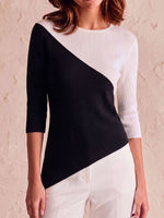 Women's Round Neck 3/4 Sleeve Casual Loose Color-blocked Pullover Knit Sweater