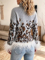 Leopard-print High-neck Knit Sweater With Feather Trim