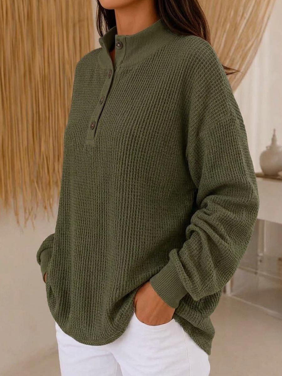 Women's Solid Color Stand-collar Long-sleeve Casual Loose Waffle-knit Pullover
