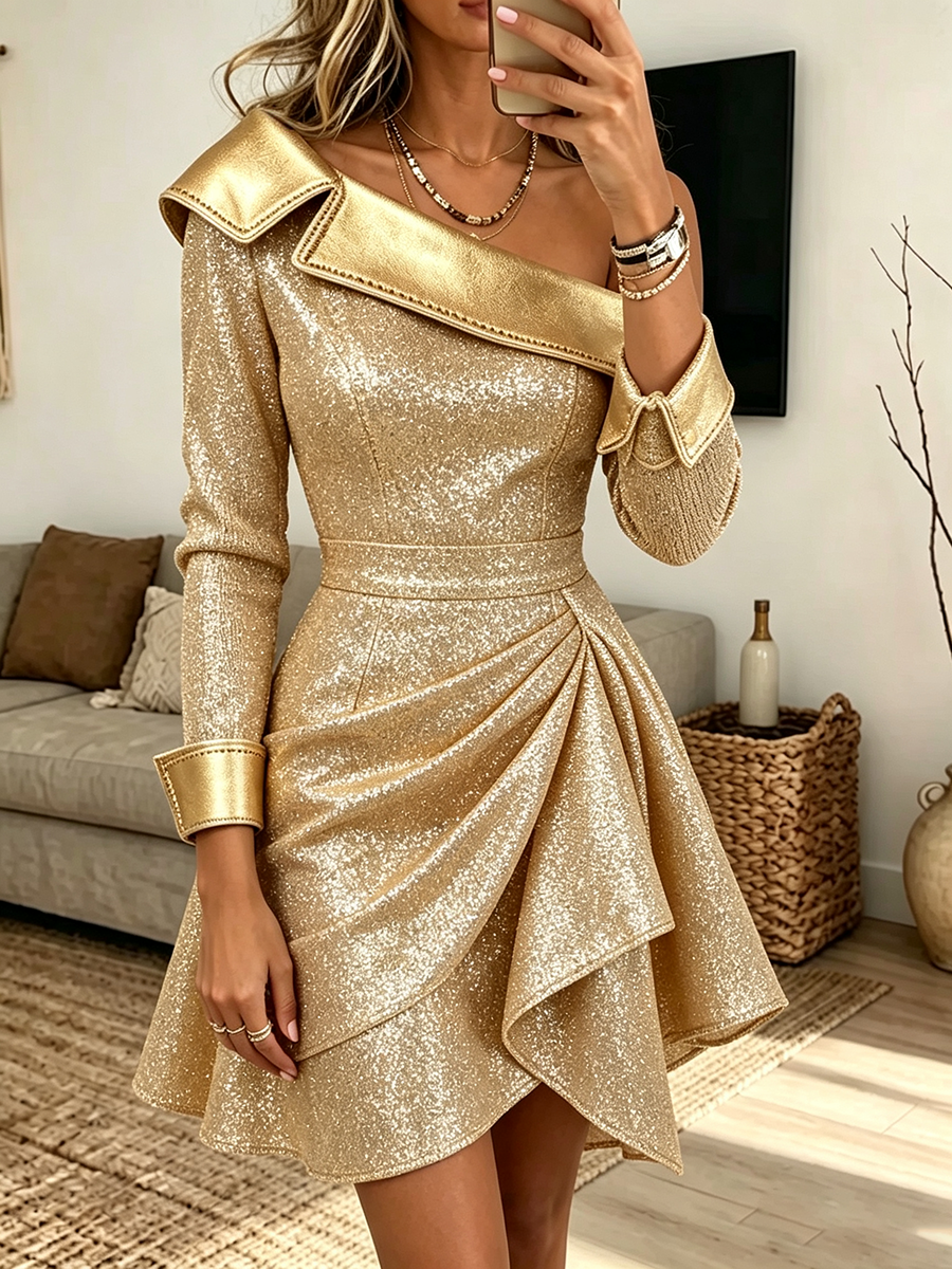 Elegant Glittering Gold One-shoulder Party Dress
