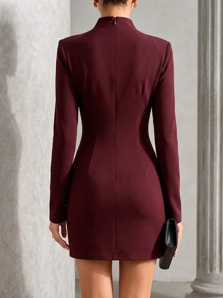 Long-sleeve, Slim-fit Mini Dress Featuring A Mock Neck And Decorative Gold Buttons On The Side